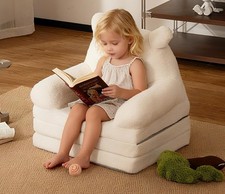 2-in-1 Convertible Kids Sofa, Tri-Fold Cute Bear Fleece Toddler Couch & Lounger picture