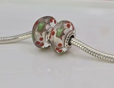 Authentic Pandora Pair of Christmas Holly  Charms Murano silver Glass picture