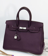 AUTH Hermès Birkin 35 Raisin Leather Palladium Hardware Top Handle Bag picture