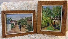 2 Signed Carl Michel Haitian Folk Art 1950s Oil Paintings Pair Framed Set picture