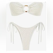 Zaful Womens Cream Crochet Bandeau Bikini with Ring Accent 2Piece Swimsuit Set M picture