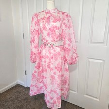 Mainstrip Floral Midi Dress Womens L Pink White Belted Mock Neck Bishop Sleeve picture