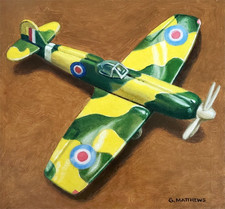 Original Oil Painting Spitfire Airplane Tin Toy Still Life 6 x 6 in. NEW picture