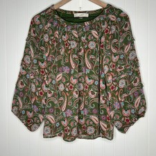 LOFT Women's Paisley Floral Smocked Blouse Green Ruffle Sleeve NWT Small picture