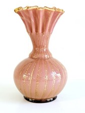Vintage Murano Glass Vase Ercole Barovier & Toso Pink Aventurine Ruffled Rim picture