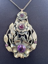 Antique Faceted Amethyst Glass Floral Motif Art Nouveau Edwardian Brass Necklace picture