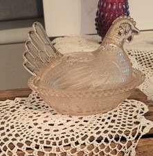 Vintage Indiana Glass Light Pale Pink Peach Hen On Nest Candy Dish 7