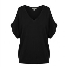 NEW Joseph A Black Cold Shoulder V-Neck Knit Sweater Top Womens Large - AC picture