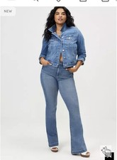 Torrid Bombshell High Rise Flare Jeans Medium Wash Blue Denim 5-Pocket Button picture