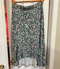 Talbots 1X Green Floral A-Line Midi Skirt Ruffle Pull On Elastic Waist picture