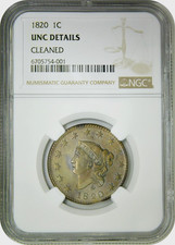 1820 Matron Head Large Cent 1¢ NGC UNC Uncirculated Detail Cleaned Clip at 5:30 picture