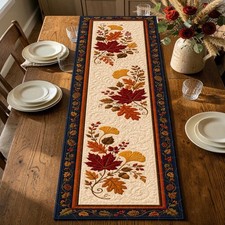Autumn Leaves Acorns Table Runner Fall Harvest Thanksgiving Burgundy Decor picture