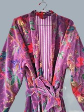 Purple Velvet Duster Coat Long Bird Print Kimono Jacket Boho Striped Lined Robe picture