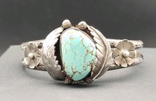 Vintage Estate Native American Cuff Bracelet Tigua Pueblo Tribe 925 Turquoise  picture