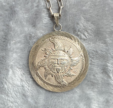 Vtg Mayan Aztec Sun Calendar Mexican Pendant With Chain Sterling Silver 925 picture