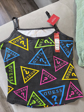 GUESS Women’s Black/Multicolor Logo Print Camisole Spaghetti Strap Knit M picture