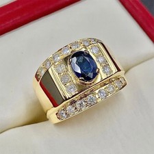 Certified 2.66Ct Natural Sapphire & Diamond Men's Cocktail Ring 14K Yellow Gold picture