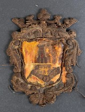 Antique 17th C. Embroidery Knight Castle Coat of Arms Armorial Heraldry Crest picture