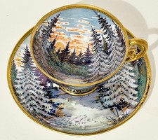 Antique E.S. Germany Iridescent Tea Cup Saucer Hand Painted Snow Scene Art Nouve picture