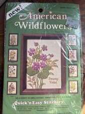 VTG American Wildflowers crewel SWAMP VIOLET started NOT finished complete kit picture