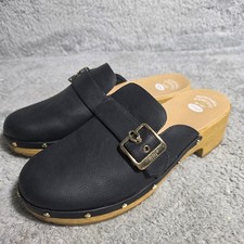 Dr Scholls Womens Black Faux Leather Buckle Classic Clog Wood Look Studs 11M NEW picture