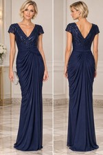 Adrianna Papell Navy Lace Sequin Cap Sleeve Ruched Formal Evening Gown * 6 picture