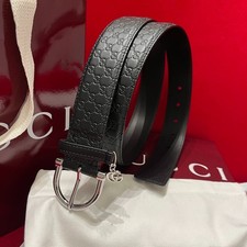 GG Men's Black  Embossed Monogram Belt Silver Buckle Logo Charm Adjustable. picture