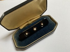 Antique Victorian Mourning Bar Brooch 14 K Solid Rose Gold Black Onyx Wt Pearls picture