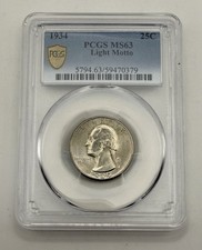 1934-P 25¢ US Silver Washington Quarter “Light Motto” • PCGS MS63 picture