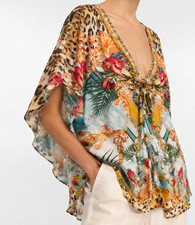 Camilla silk multicolor animal print lion beaded tie V-neck kaftan blouse picture