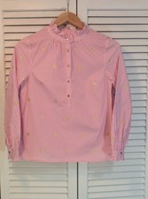 Talbots Petite Blouse Sz. P - Pink Stripe Gold Heart Ruffle Collar Long Sleeve picture