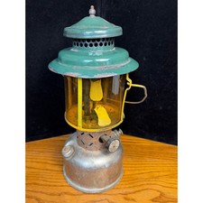 Vintage Coleman Lantern: Green Enamel, Amber Globe. Made in USA, Camping Light picture