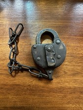 Antique Railroad Style Padlock w/ Chain Heavy Riveted Iron Lock No Key picture