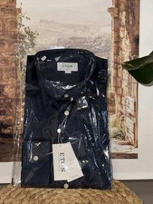 NWT Eton Flannel Dress Shirt Dark Blue Herringbone Slim Fit Size 43 17 picture