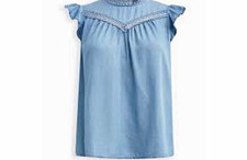 Torrid size 1 Blue Solid Round Neck Sleeveless Flutter Sleeve Crochet Blouse picture