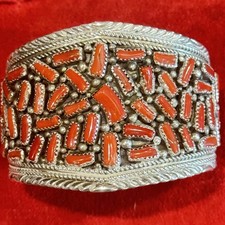 Large Native American Coral Cluster Cuff Bracelet  picture