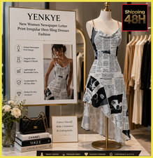 YENKYE New Women Newspaper Letter Print Irregular Hem Sling Dresses Fashion picture