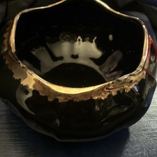 Vintage Black Mid century  Fluted Ceramic Bowl Gold Gilded Rim Black Gloss Glaze picture