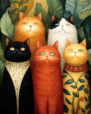 Five Colorful Folk Cats in a Row among Giant Green Leaves Print - 954614004 picture