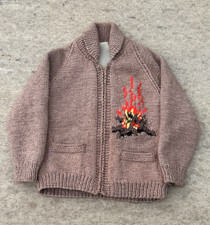 Authentic 1960s hand-knit wool Cowichan with scenic camp motif and brass Talon z picture