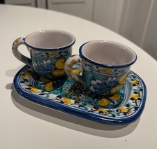 Caltagirone Italy Majolica Espresso 2 Cups Set w/ Tray Bruselles Hand Painted picture