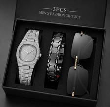 3PCS Men's Luxury Gift Set Watch Bracelet Sunglasses Fashion Jewelry Accessories picture