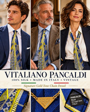 Vintage Vitaliano Pancaldi 100% Silk Tie Made in Italy Blue Gold Chain Geometric picture