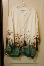 Vtg Blair 3X White Multi-Color Kitty & Cats Garden Floral Snap Front Cardigan  picture