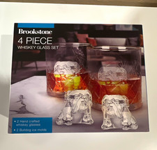 Brookstone 4 Piece Whiskey Glass Set, 2 Glasses and 2 Bulldog Ice Molds picture