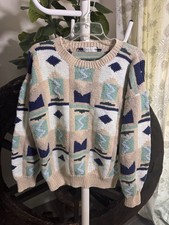 Vintage Claiborne 80s/90s Hand Knit Cotton Geometric Print Sweater Size L picture