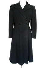 Vintage 40s 50s Black Wool Princess Coat Swing Fitted Heavy Midi S Women picture