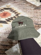 Vintage ESY 100% Cotton Olive Green 'Alaska' Embroidered Bucket Hat picture