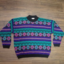 Vintage Glamour Knit Acrylic Sweater - Size 40 Unique Colorful Floral Shapes Vtg picture