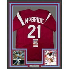 Framed Autographed/Signed Bake McBride 35x39 Retro Maroon Jersey JSA COA picture
